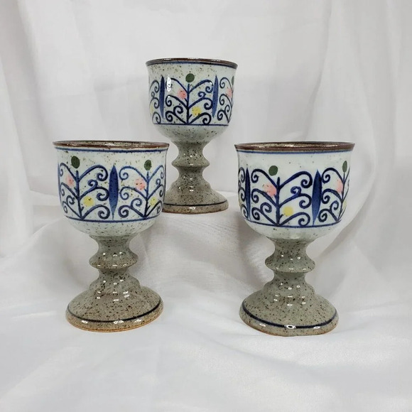 VTG Otagiri Stoneware Pottery Chalice Pedestal Goblet MCM Wine 3 Goblets - Picture 2 of 10